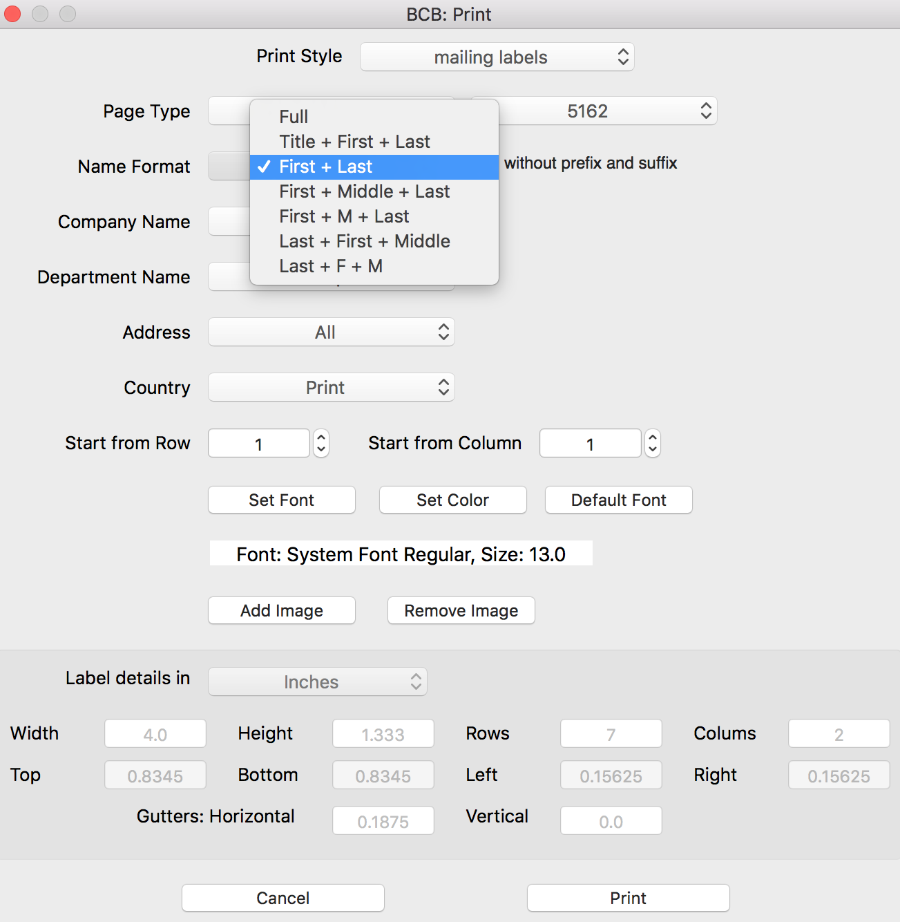 Print mailing labels settings